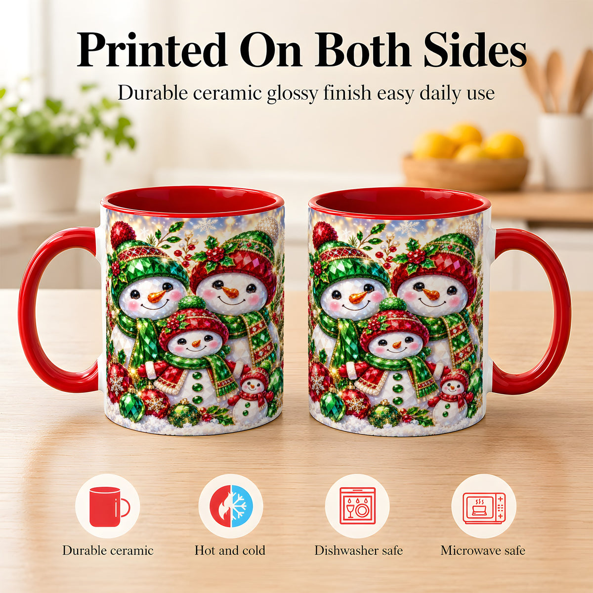 #pl[11oz|Red] Jeweled Snowman Family Coffee Mug, Christmas Snowman Mug, Ceramic Cup