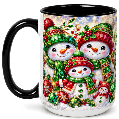 #pl[15oz|Black] Jeweled Snowman Family Coffee Mug, Christmas Snowman Mug, Ceramic Cup
