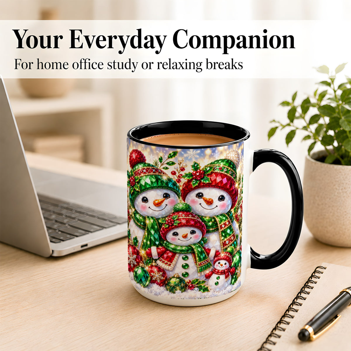 #pl[15oz|Black] Jeweled Snowman Family Coffee Mug, Christmas Snowman Mug, Ceramic Cup