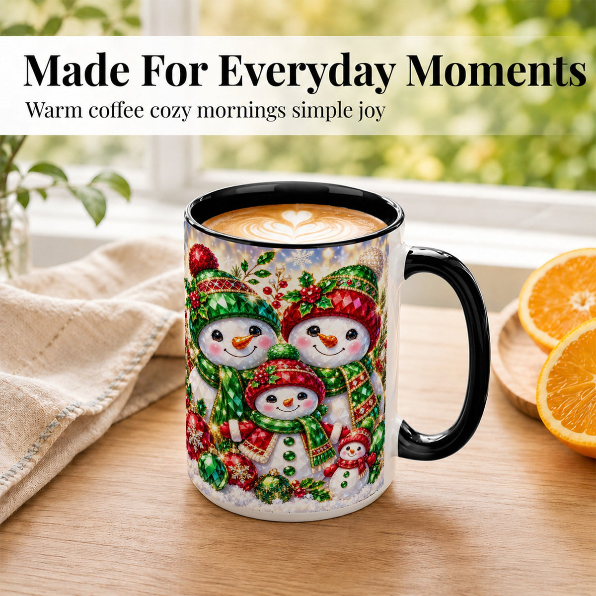 #pl[15oz|Black] Jeweled Snowman Family Coffee Mug, Christmas Snowman Mug, Ceramic Cup