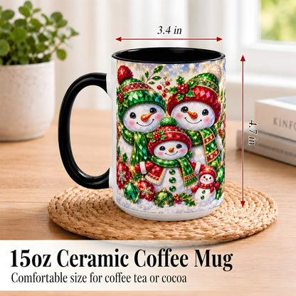 #pl[15oz|Black] Jeweled Snowman Family Coffee Mug, Christmas Snowman Mug, Ceramic Cup