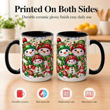 #pl[15oz|Black] Jeweled Snowman Family Coffee Mug, Christmas Snowman Mug, Ceramic Cup