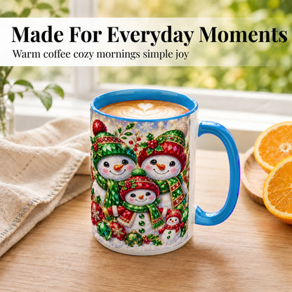 #pl[15oz|Blue] Jeweled Snowman Family Coffee Mug, Christmas Snowman Mug, Ceramic Cup