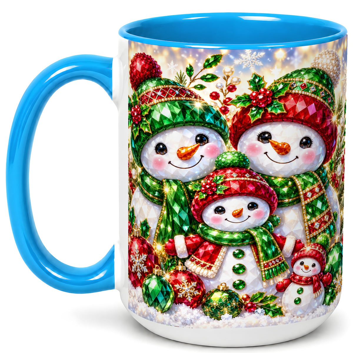 #pl[15oz|Blue] Jeweled Snowman Family Coffee Mug, Christmas Snowman Mug, Ceramic Cup