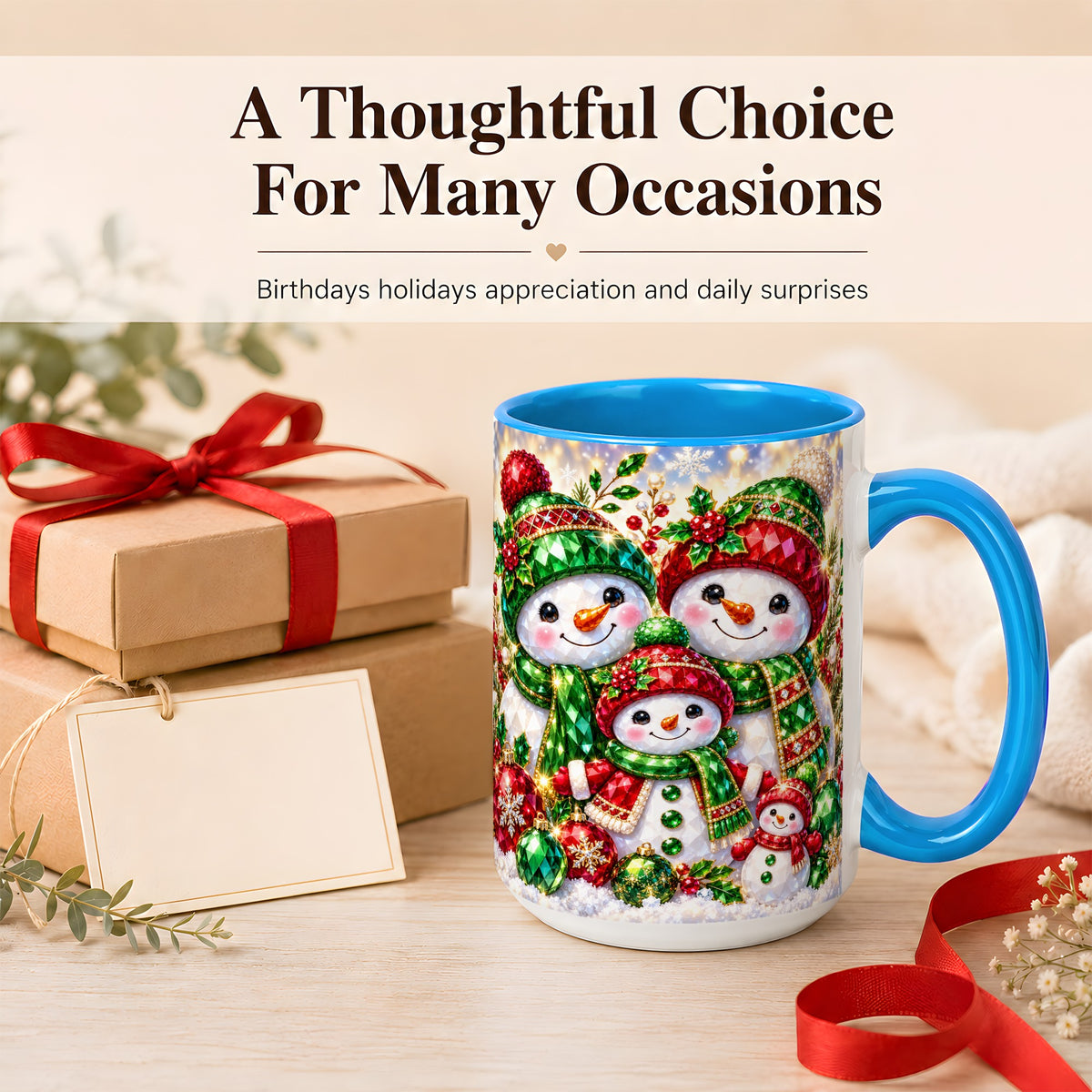 #pl[15oz|Blue] Jeweled Snowman Family Coffee Mug, Christmas Snowman Mug, Ceramic Cup