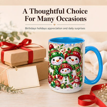 #pl[15oz|Blue] Jeweled Snowman Family Coffee Mug, Christmas Snowman Mug, Ceramic Cup