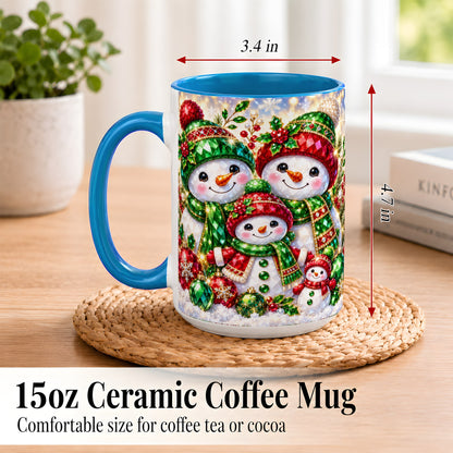 #pl[15oz|Blue] Jeweled Snowman Family Coffee Mug, Christmas Snowman Mug, Ceramic Cup