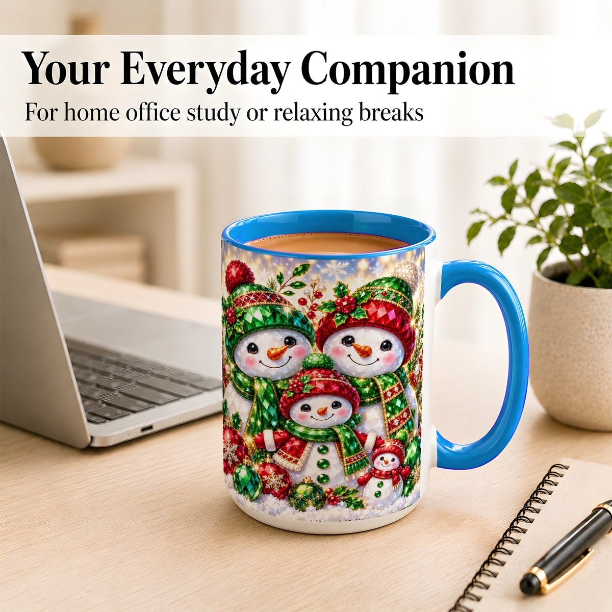 #pl[15oz|Blue] Jeweled Snowman Family Coffee Mug, Christmas Snowman Mug, Ceramic Cup
