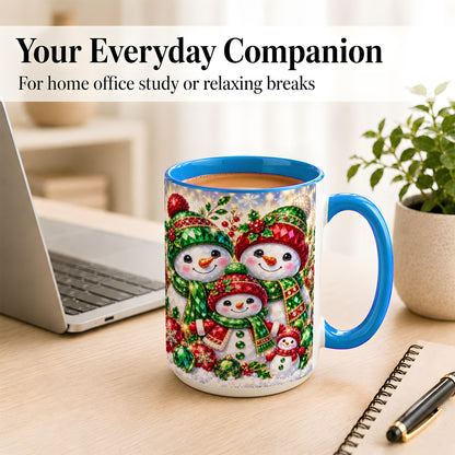 #pl[15oz|Blue] Jeweled Snowman Family Coffee Mug, Christmas Snowman Mug, Ceramic Cup