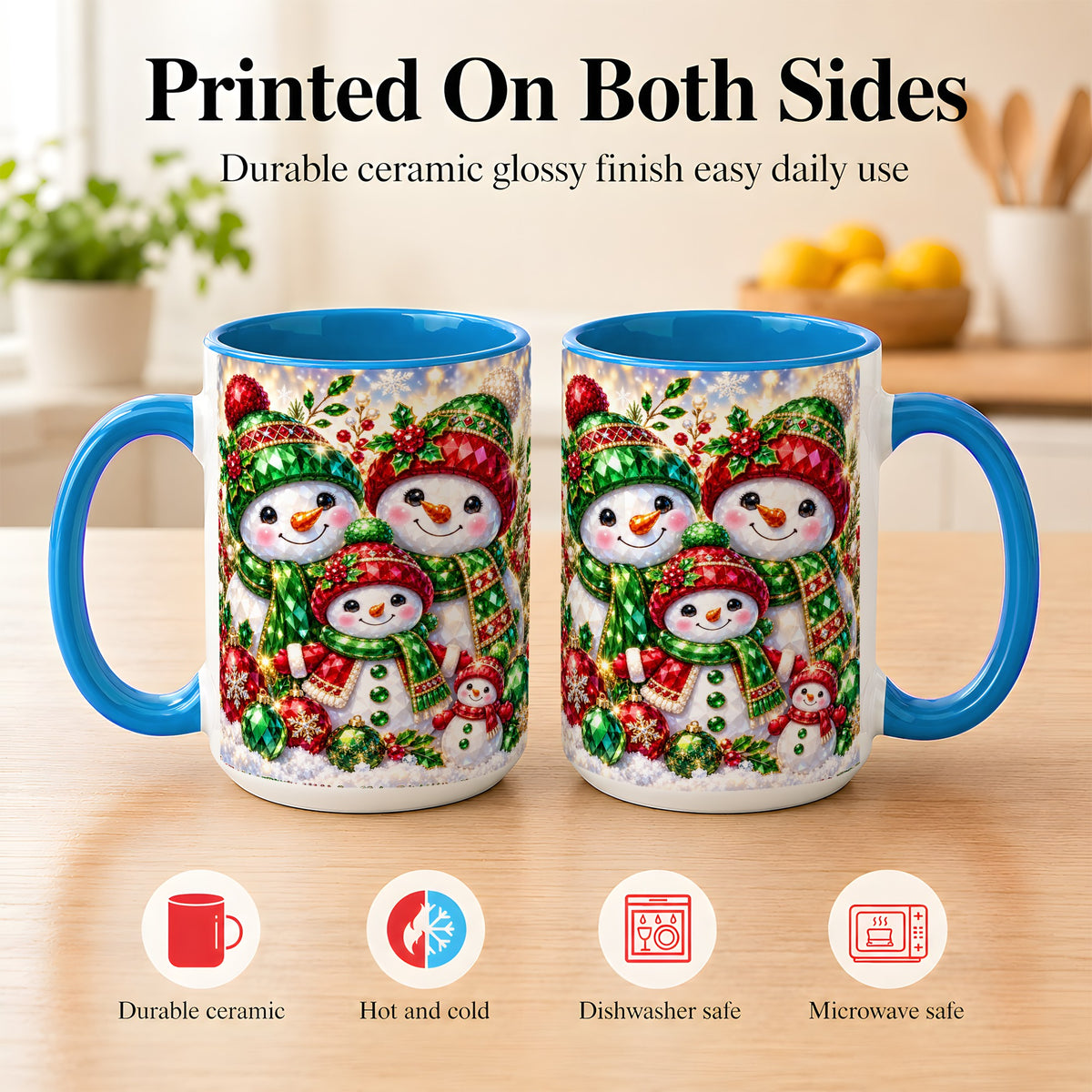 #pl[15oz|Blue] Jeweled Snowman Family Coffee Mug, Christmas Snowman Mug, Ceramic Cup