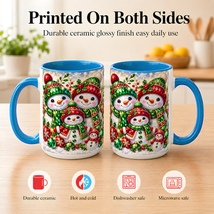 #pl[15oz|Blue] Jeweled Snowman Family Coffee Mug, Christmas Snowman Mug, Ceramic Cup
