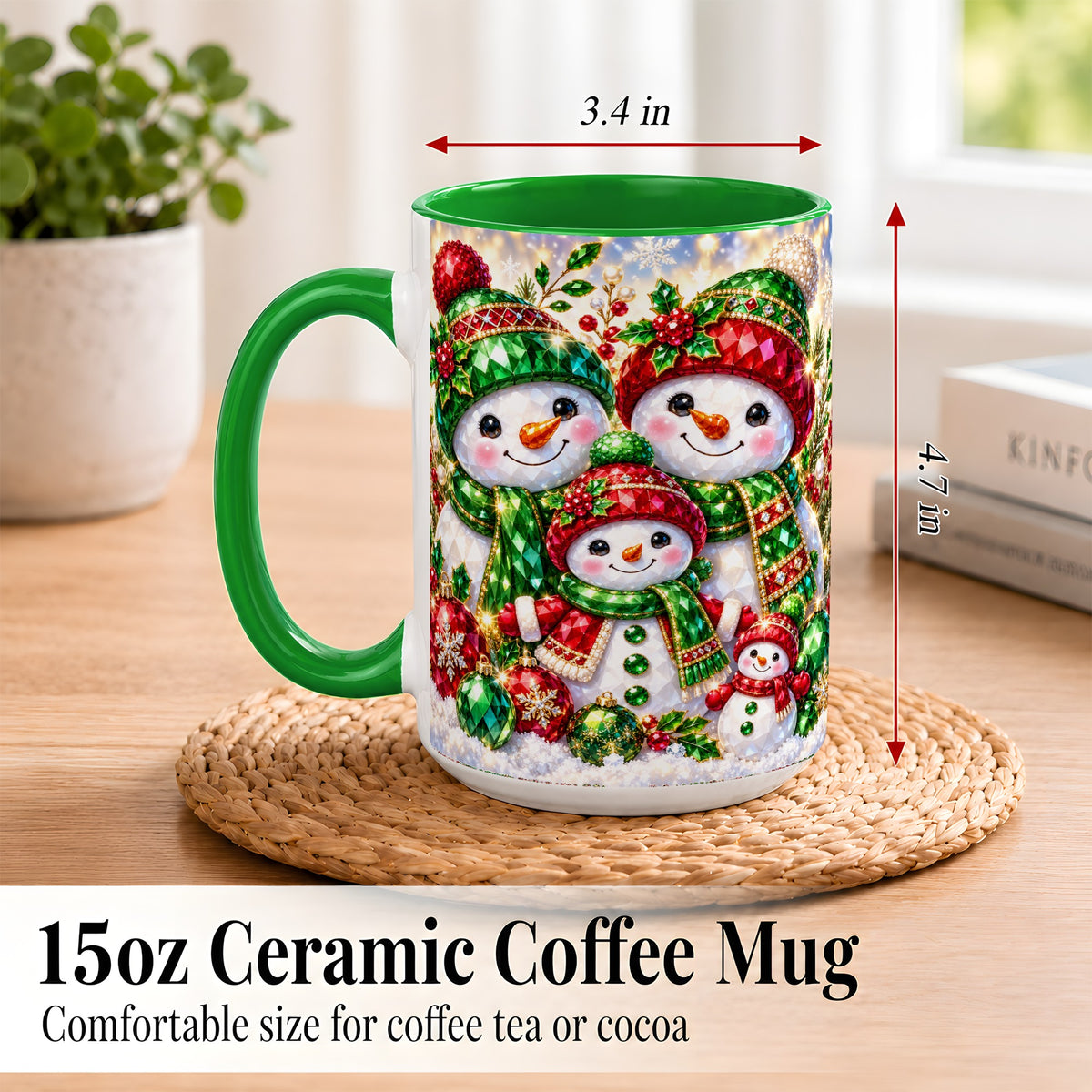 #pl[15oz|Green] Jeweled Snowman Family Coffee Mug, Christmas Snowman Mug, Ceramic Cup