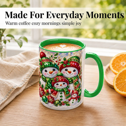 #pl[15oz|Green] Jeweled Snowman Family Coffee Mug, Christmas Snowman Mug, Ceramic Cup