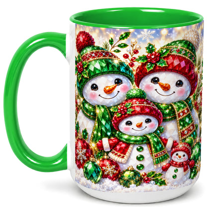 #pl[15oz|Green] Jeweled Snowman Family Coffee Mug, Christmas Snowman Mug, Ceramic Cup