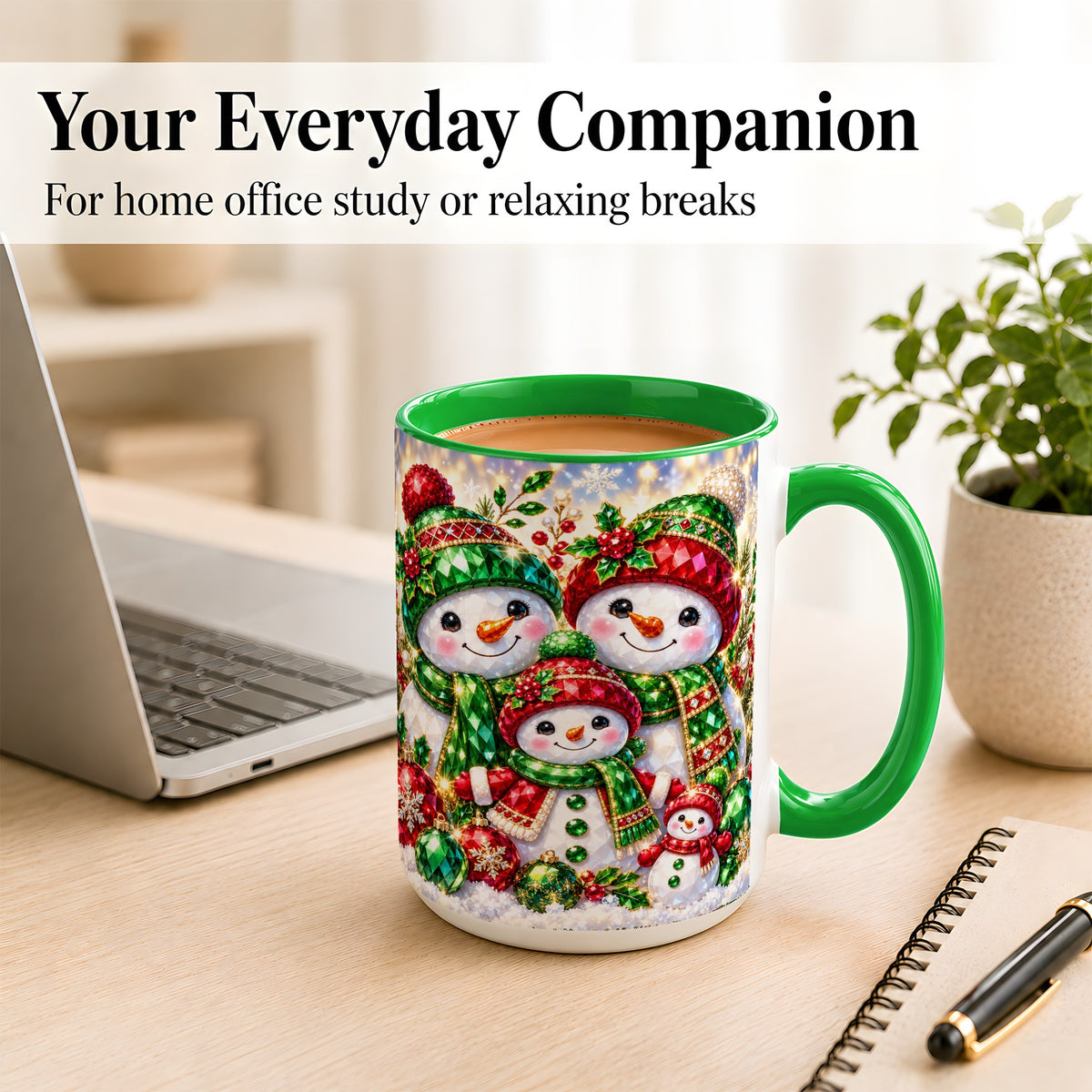 #pl[15oz|Green] Jeweled Snowman Family Coffee Mug, Christmas Snowman Mug, Ceramic Cup
