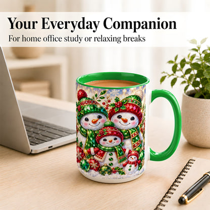 #pl[15oz|Green] Jeweled Snowman Family Coffee Mug, Christmas Snowman Mug, Ceramic Cup