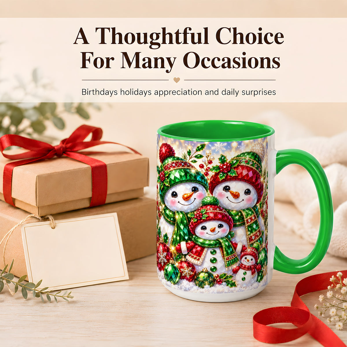 #pl[15oz|Green] Jeweled Snowman Family Coffee Mug, Christmas Snowman Mug, Ceramic Cup