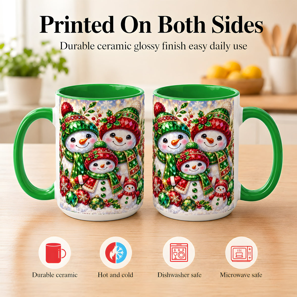 #pl[15oz|Green] Jeweled Snowman Family Coffee Mug, Christmas Snowman Mug, Ceramic Cup