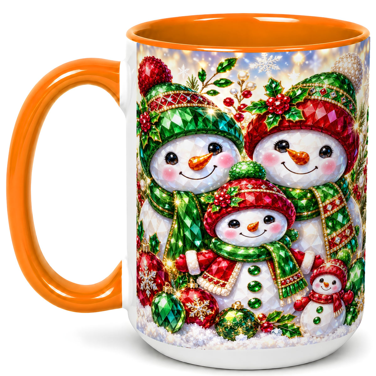 #pl[15oz|Orange] Jeweled Snowman Family Coffee Mug, Christmas Snowman Mug, Ceramic Cup