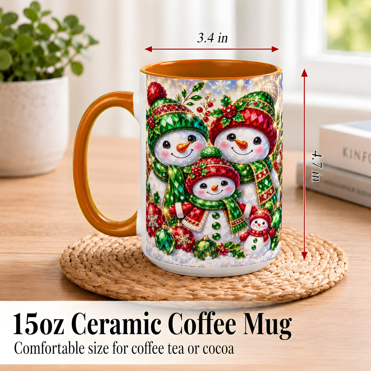 #pl[15oz|Orange] Jeweled Snowman Family Coffee Mug, Christmas Snowman Mug, Ceramic Cup