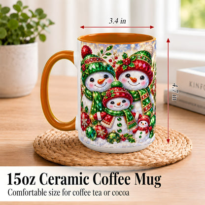 #pl[15oz|Orange] Jeweled Snowman Family Coffee Mug, Christmas Snowman Mug, Ceramic Cup