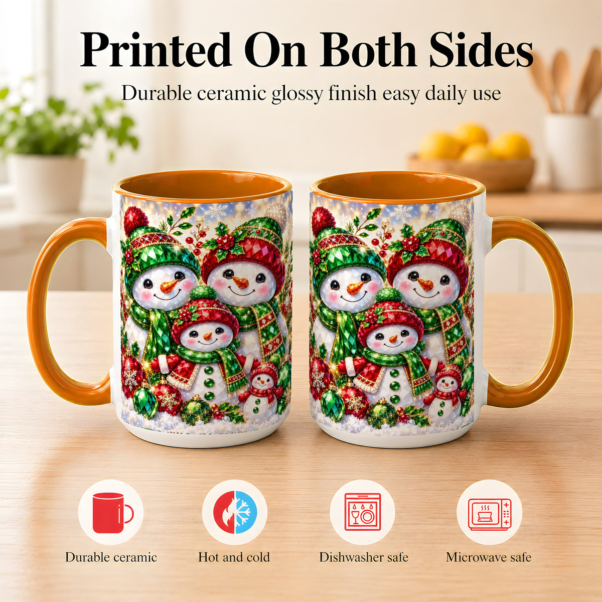 #pl[15oz|Orange] Jeweled Snowman Family Coffee Mug, Christmas Snowman Mug, Ceramic Cup