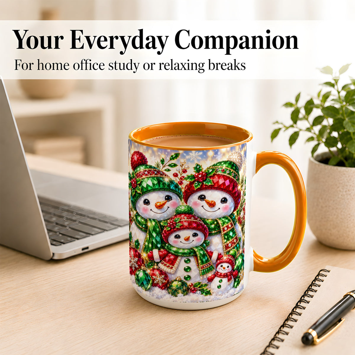 #pl[15oz|Orange] Jeweled Snowman Family Coffee Mug, Christmas Snowman Mug, Ceramic Cup