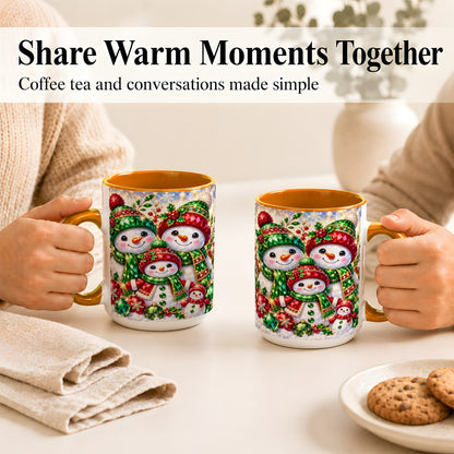 #pl[15oz|Orange] Jeweled Snowman Family Coffee Mug, Christmas Snowman Mug, Ceramic Cup