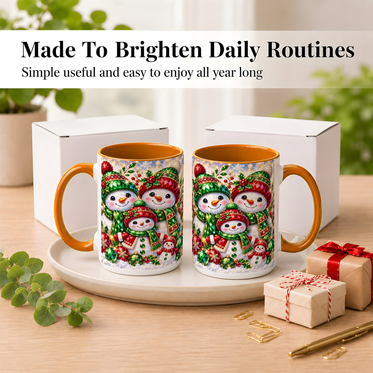 #pl[15oz|Orange] Jeweled Snowman Family Coffee Mug, Christmas Snowman Mug, Ceramic Cup