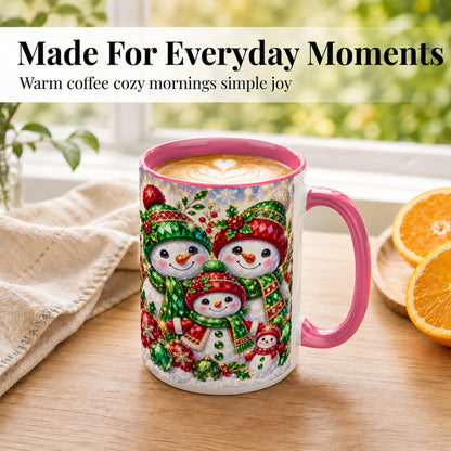 #pl[15oz|Pink] Jeweled Snowman Family Coffee Mug, Christmas Snowman Mug, Ceramic Cup