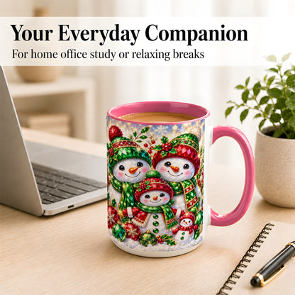 #pl[15oz|Pink] Jeweled Snowman Family Coffee Mug, Christmas Snowman Mug, Ceramic Cup