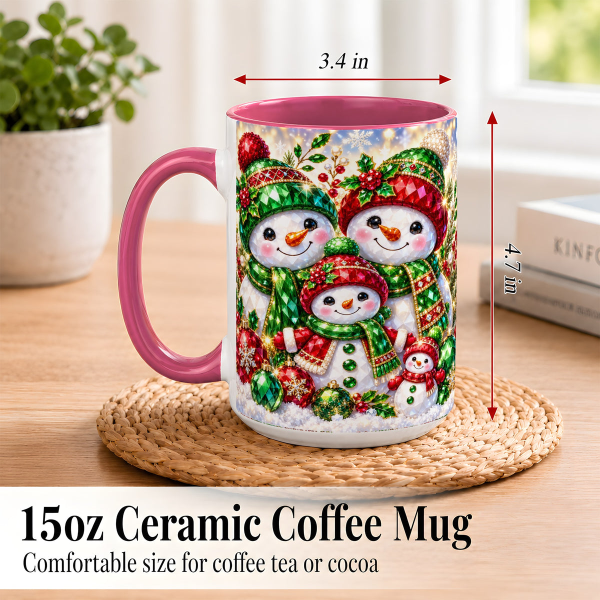 #pl[15oz|Pink] Jeweled Snowman Family Coffee Mug, Christmas Snowman Mug, Ceramic Cup