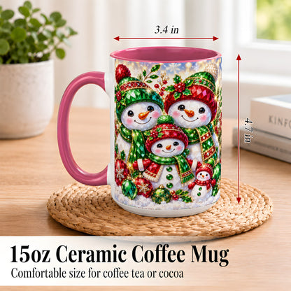 #pl[15oz|Pink] Jeweled Snowman Family Coffee Mug, Christmas Snowman Mug, Ceramic Cup