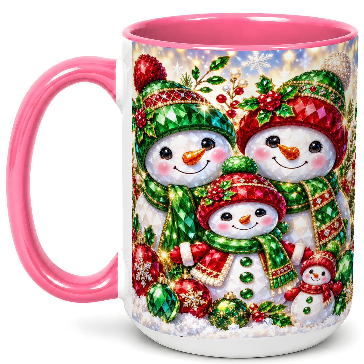 #pl[15oz|Pink] Jeweled Snowman Family Coffee Mug, Christmas Snowman Mug, Ceramic Cup