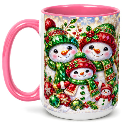 #pl[15oz|Pink] Jeweled Snowman Family Coffee Mug, Christmas Snowman Mug, Ceramic Cup