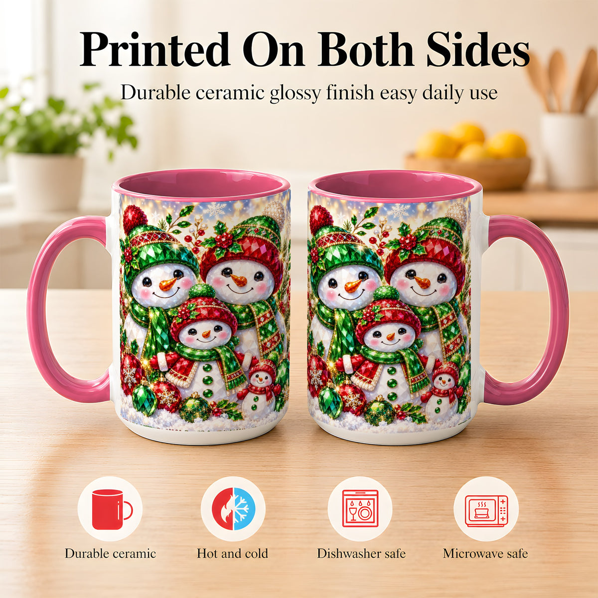 #pl[15oz|Pink] Jeweled Snowman Family Coffee Mug, Christmas Snowman Mug, Ceramic Cup