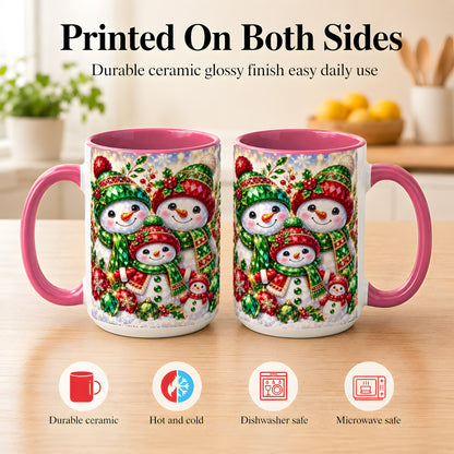 #pl[15oz|Pink] Jeweled Snowman Family Coffee Mug, Christmas Snowman Mug, Ceramic Cup