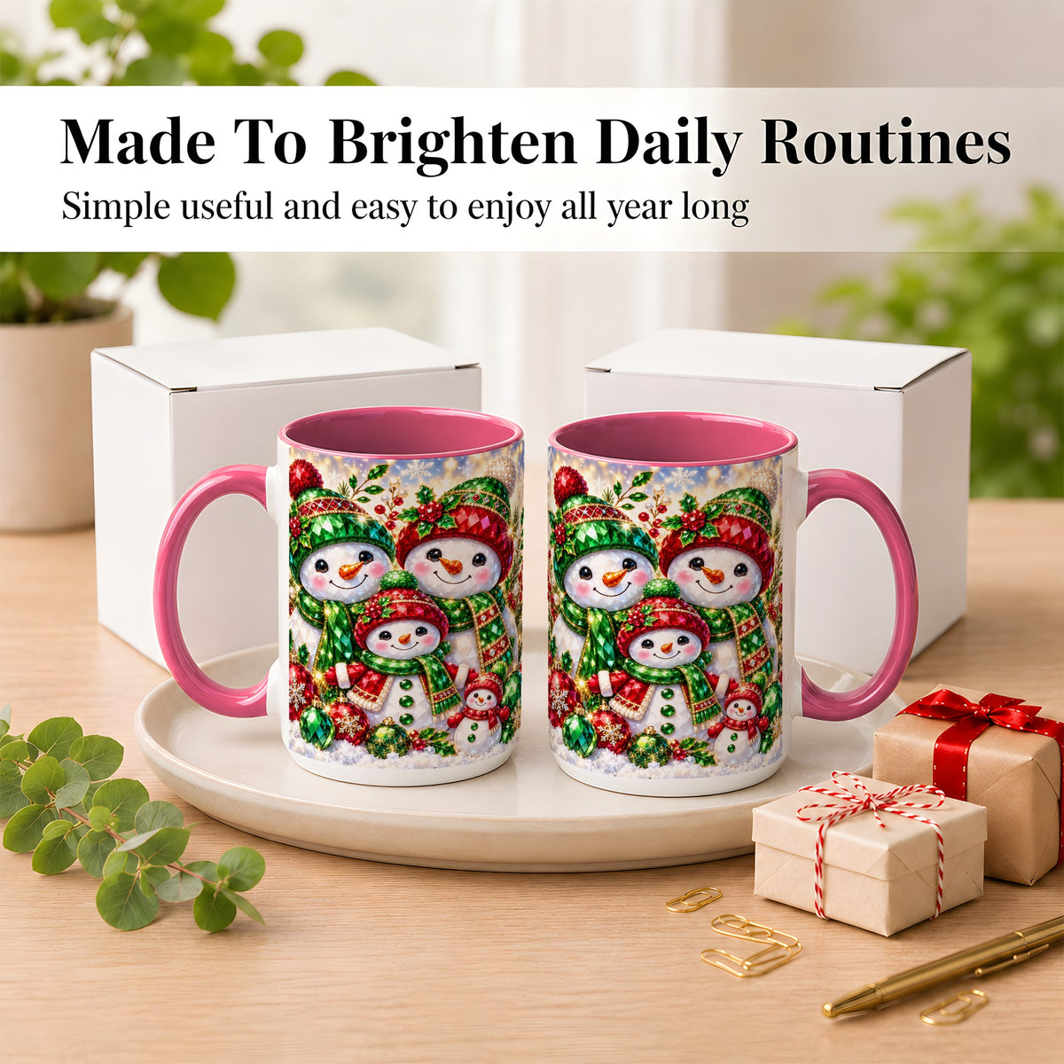 #pl[15oz|Pink] Jeweled Snowman Family Coffee Mug, Christmas Snowman Mug, Ceramic Cup
