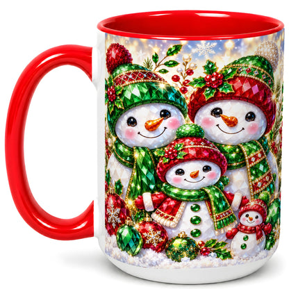 #pl[15oz|Red] Jeweled Snowman Family Coffee Mug, Christmas Snowman Mug, Ceramic Cup