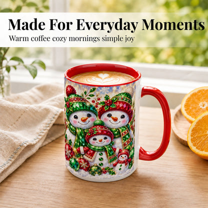 #pl[15oz|Red] Jeweled Snowman Family Coffee Mug, Christmas Snowman Mug, Ceramic Cup