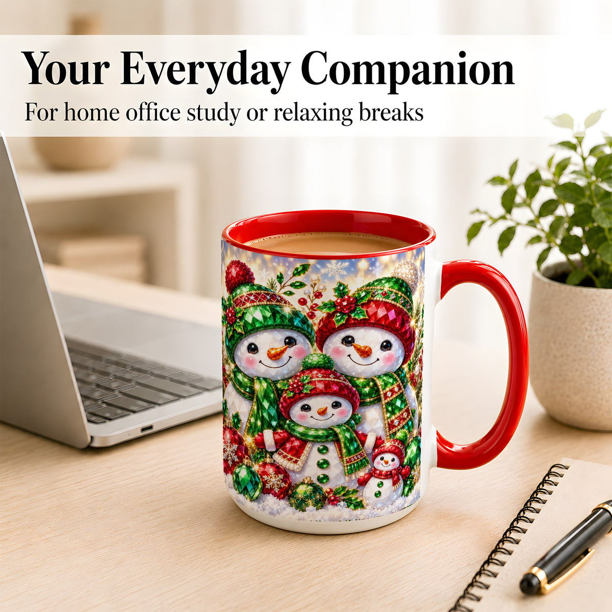 #pl[15oz|Red] Jeweled Snowman Family Coffee Mug, Christmas Snowman Mug, Ceramic Cup