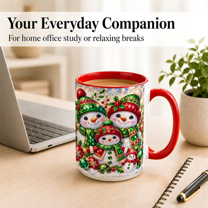 #pl[15oz|Red] Jeweled Snowman Family Coffee Mug, Christmas Snowman Mug, Ceramic Cup