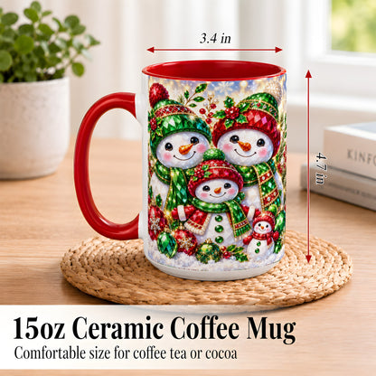 #pl[15oz|Red] Jeweled Snowman Family Coffee Mug, Christmas Snowman Mug, Ceramic Cup