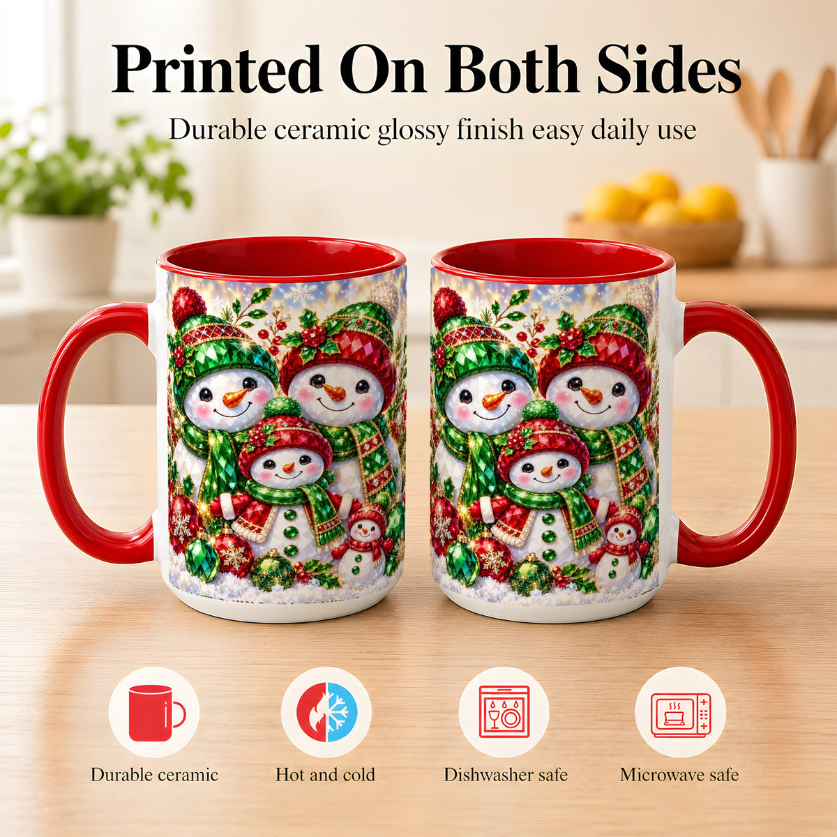 #pl[15oz|Red] Jeweled Snowman Family Coffee Mug, Christmas Snowman Mug, Ceramic Cup