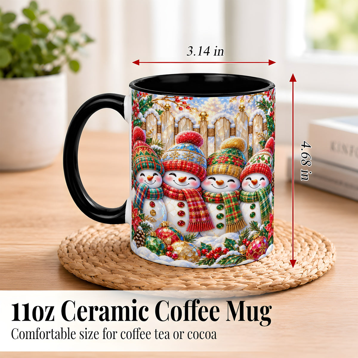 #pl[11oz|Black] Jeweled Snowman Friends Coffee Mug, Christmas Snowman Mug, Ceramic Cup