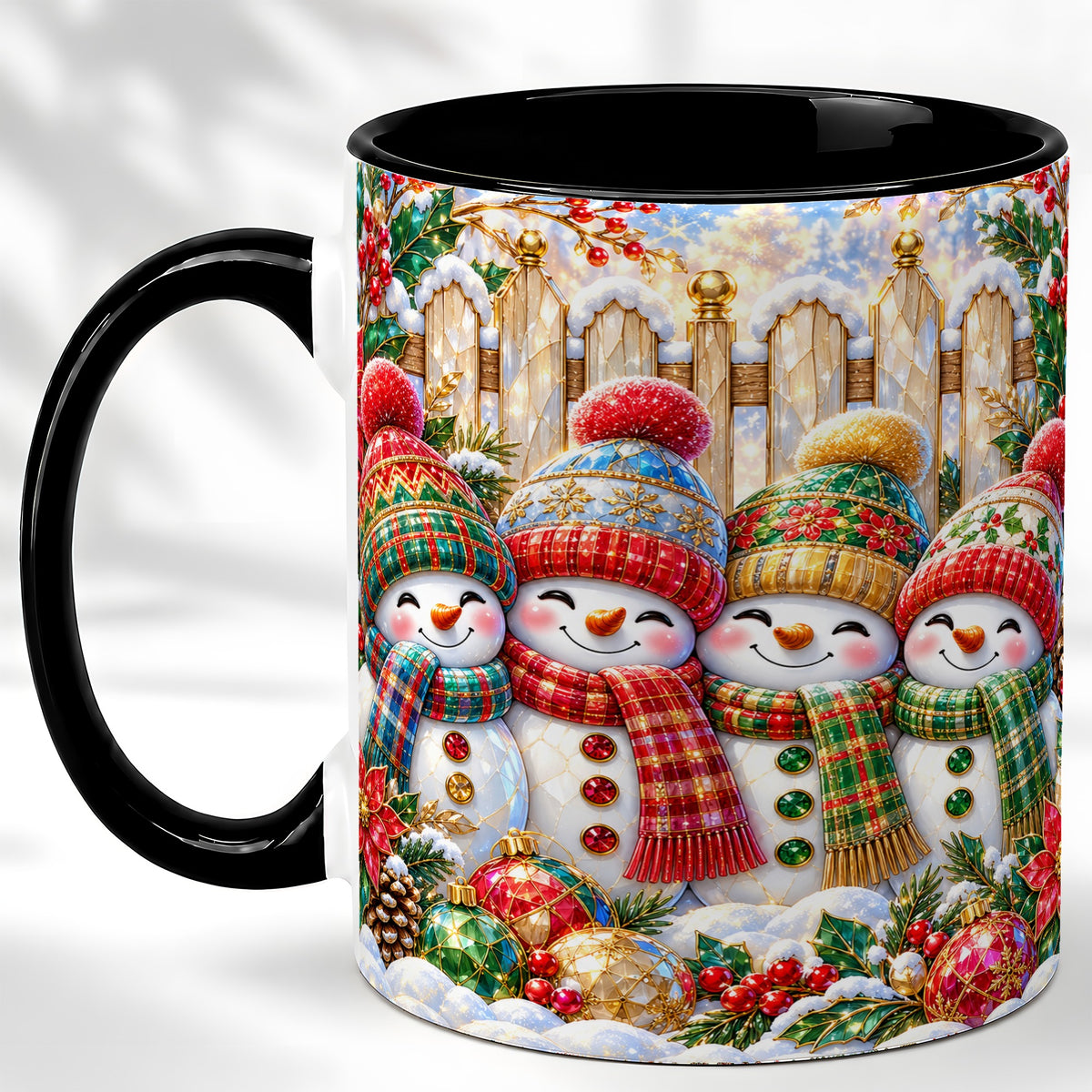 #pl[11oz|Black] Jeweled Snowman Friends Coffee Mug, Christmas Snowman Mug, Ceramic Cup