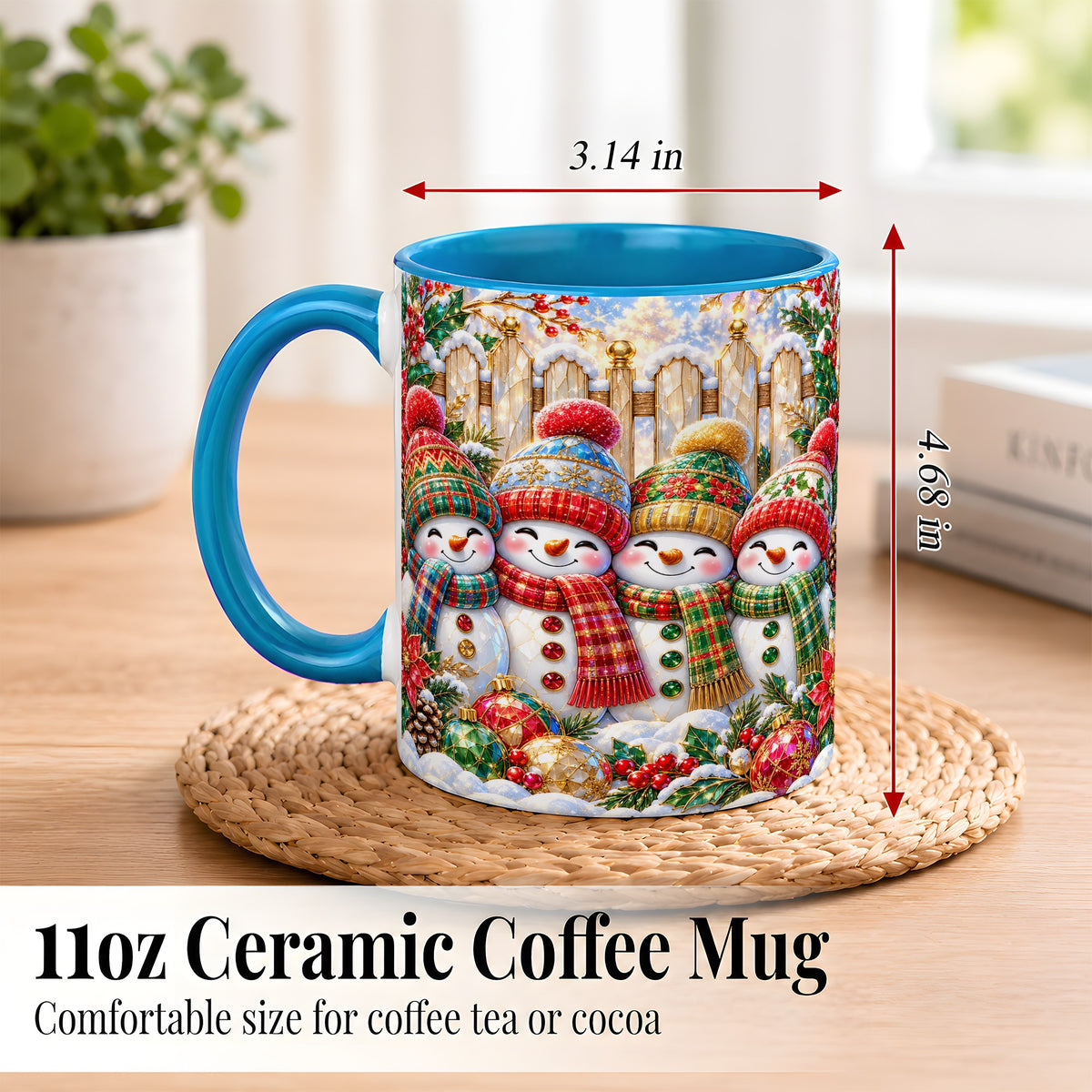 #pl[11oz|Blue] Jeweled Snowman Friends Coffee Mug, Christmas Snowman Mug, Ceramic Cup