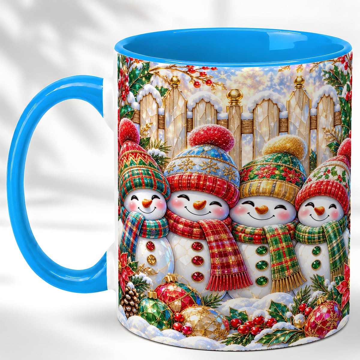 #pl[11oz|Blue] Jeweled Snowman Friends Coffee Mug, Christmas Snowman Mug, Ceramic Cup