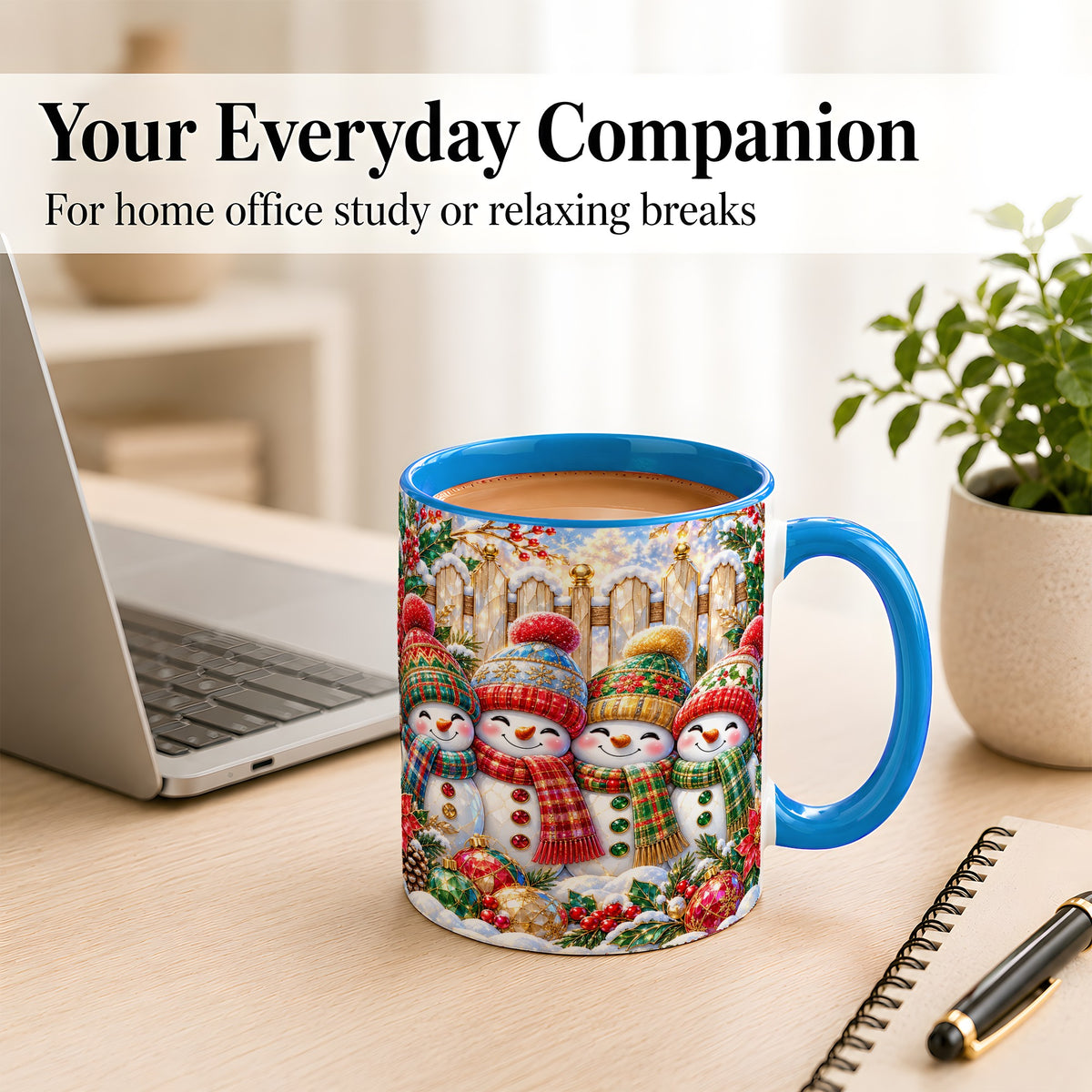 #pl[11oz|Blue] Jeweled Snowman Friends Coffee Mug, Christmas Snowman Mug, Ceramic Cup