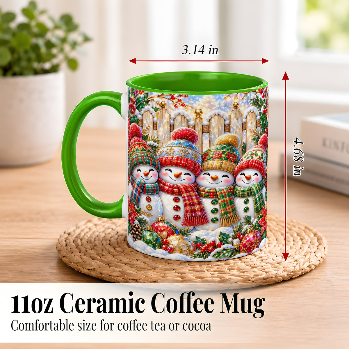 #pl[11oz|Green] Jeweled Snowman Friends Coffee Mug, Christmas Snowman Mug, Ceramic Cup